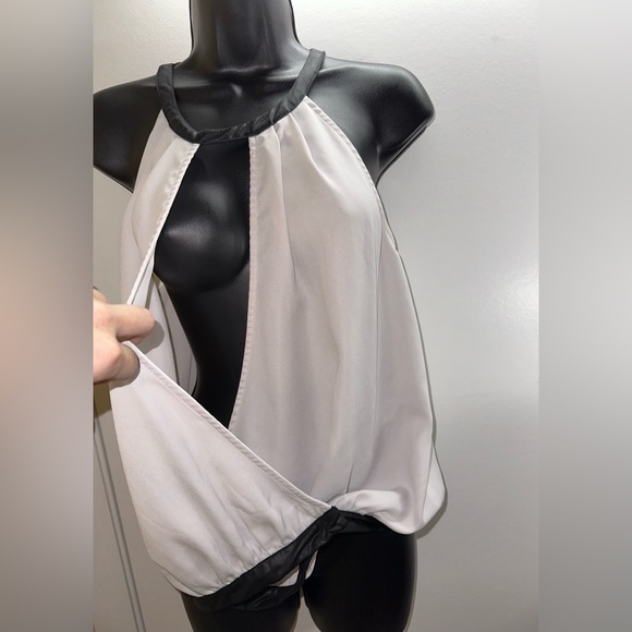 BEBE | Small Sleeveless Wrap Style Blouse with Keyhole Faux Leather Halter Neck - Picture 3 of 15